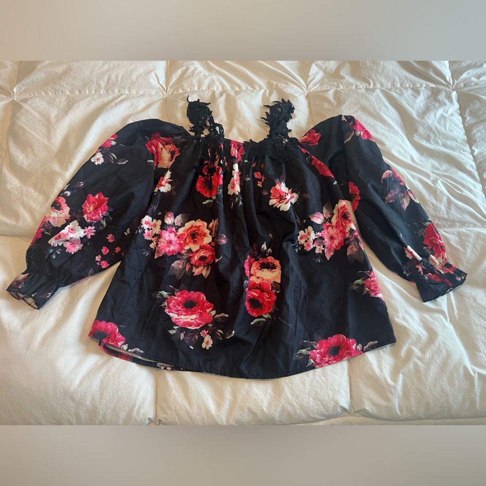 Floral Black Blouse with Red and Pink Flowers